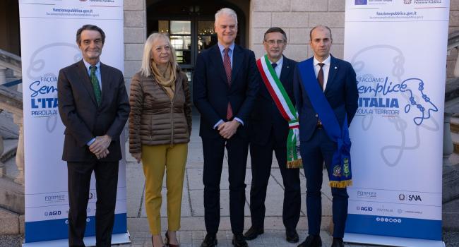 Da sinistra: Il presidente della Regione Lombardia, Fontana, il prefetto Palmisani, il Ministro Zangrillo, il sindaco di Monza, Pilotto, il presidente della Provincia di Monza e della Brianza, Santambrogio